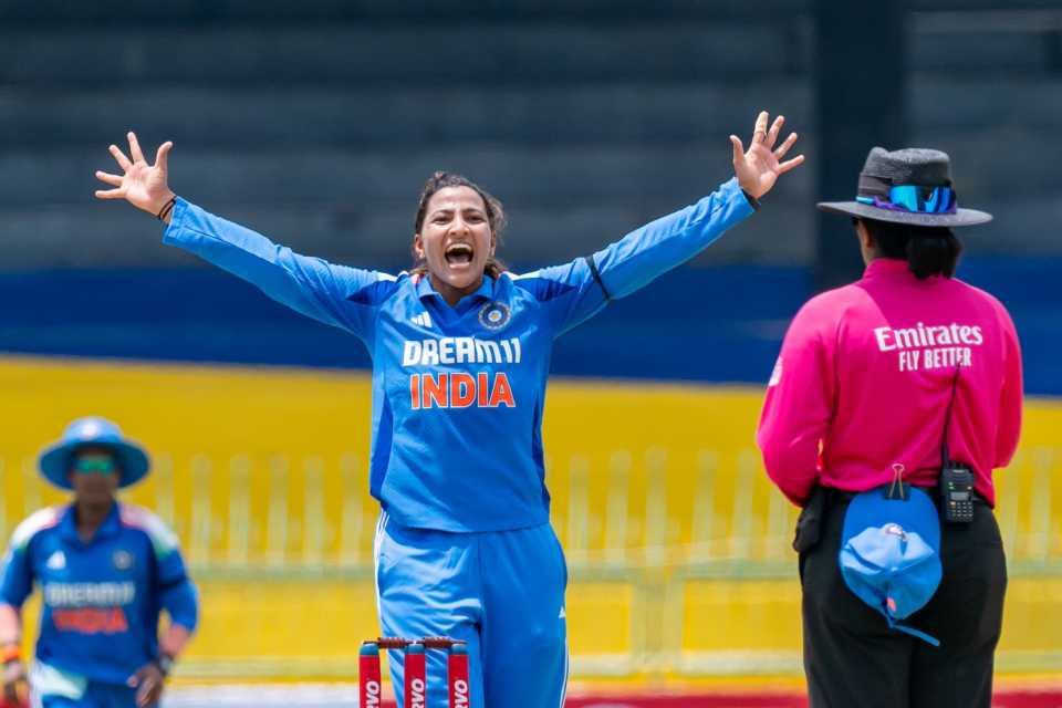 India Women and Sri Lanka Women cricket teams in action during ICC Women’s Cricket World Cup 2025 matches, showing batting, bowling, and celebrations