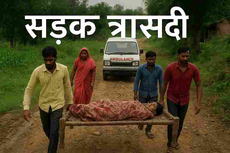 सुनसान कच्चे रास्ते पर एक खाली चारपाई पर मोड़ी हुई चादर रखी है; पास में कुछ ग्रामीण खड़े चिंतित मुद्रा में और दूर पर एंबुलेंस दिखाई दे रही है।