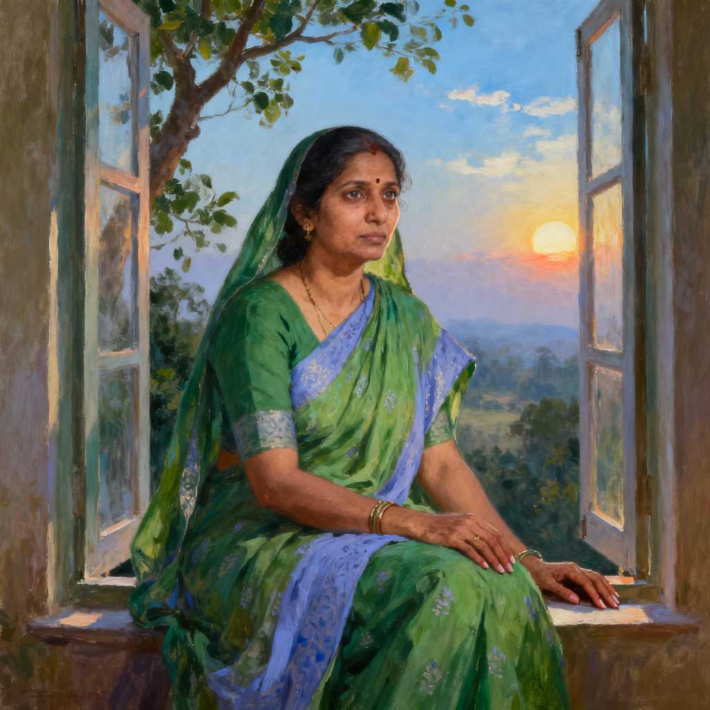 हरी साड़ी और नीले बॉर्डर में भारतीय महिला खिड़की पर बैठी है, पीछे सूर्यास्त का दृश्य दिखाई दे रहा है।