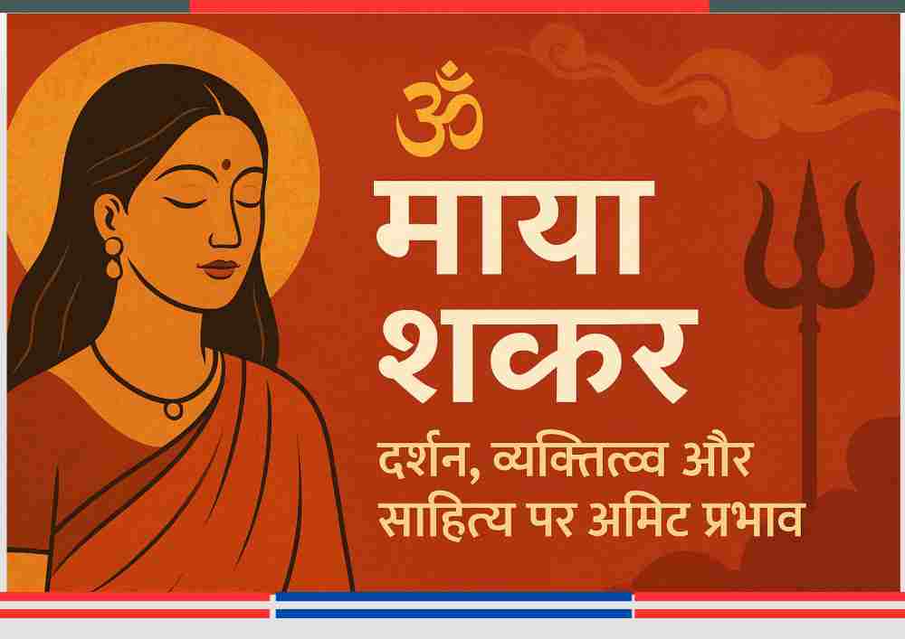 पारंपरिक भारतीय शैली में एक स्त्री का चित्र, जिसके पीछे प्रभामंडल और पृष्ठभूमि में 'ॐ' तथा त्रिशूल का प्रतीक है, साथ ही लिखा है – "माया शंकर: दर्शन, व्यक्तित्व और साहित्य पर अमिट प्रभाव"।