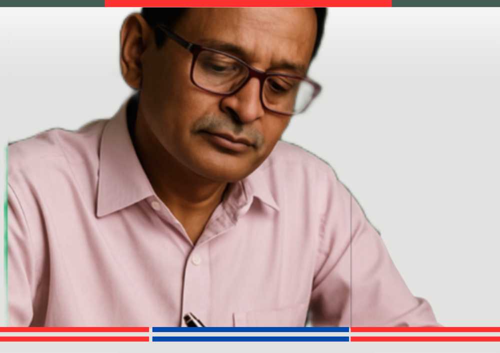 एक पुरुष गुलाबी शर्ट और चश्मा पहने ध्यानपूर्वक लिखते हुए, सफेद बैकग्राउंड के साथ।