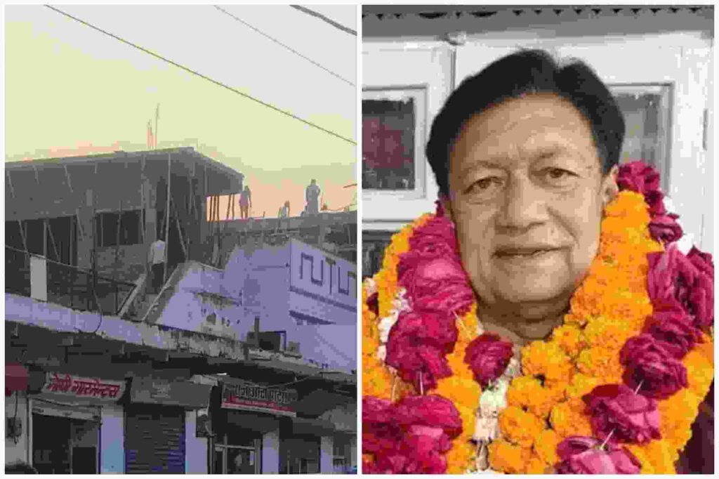 बिल्डिंग की छत पर लोग, जो अवैध कब्जे का संकेत देती है; दाईं ओर फूल-मालाओं से सजा व्यक्ति, जिसका चेहरा धुंधला किया गया है।"