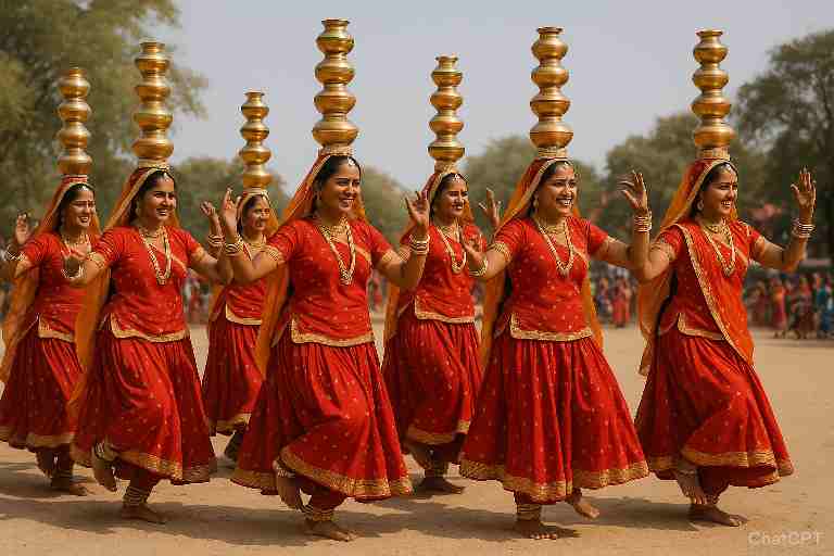 "कामां में आयोजित गरबा नाइट 2025 में पारंपरिक परिधान में नृत्य करते युवा और महिलाएं, डांडिया बीट्स और नवरात्रि का उत्साह"