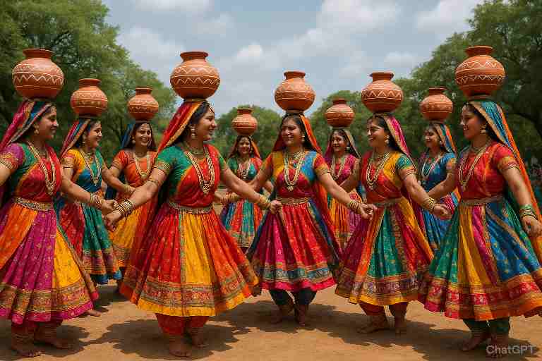 "कामां में आयोजित गरबा नाइट 2025 में पारंपरिक परिधान में नृत्य करते युवा और महिलाएं, डांडिया बीट्स और नवरात्रि का उत्साह"