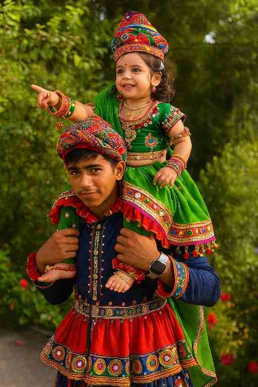 एक व्यक्ति ने बच्ची को कंधे पर बिठा रखा है, दोनों ने रंगीन पारंपरिक गुजराती पोशाक पहनी है और प्राकृतिक हरियाली के बीच गरबा पोज दिया है।"