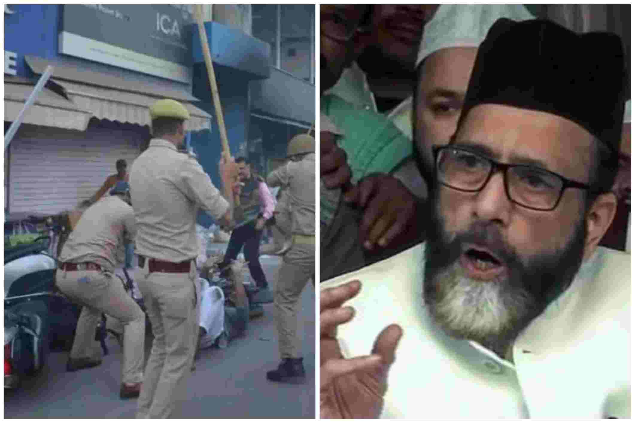 एक साइड में पुलिस सड़क पर डंडों से किसी व्यक्ति पर कार्रवाई कर रही है, दूसरी साइड में एक मुस्लिम धर्मगुरु या नेता मीडिया से बात करते हुए दिख रहे हैं।