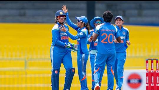 India Women and Sri Lanka Women cricket teams in action during ICC Women’s Cricket World Cup 2025 matches, showing batting, bowling, and celebrations