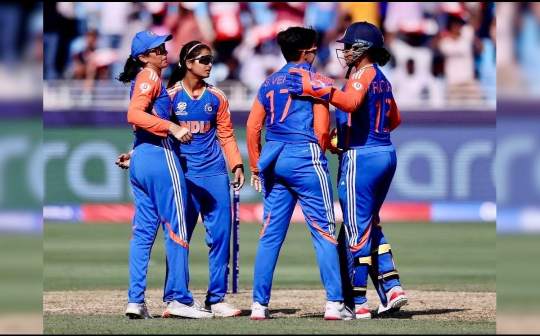 India Women and Sri Lanka Women cricket teams in action during ICC Women’s Cricket World Cup 2025 matches, showing batting, bowling, and celebrations