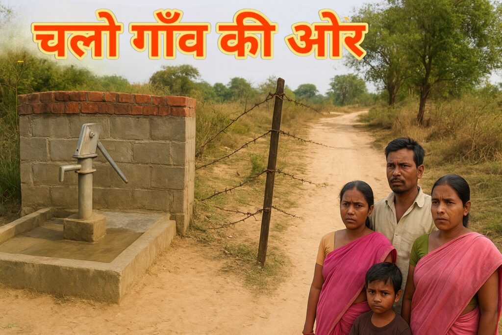 एक ग्रामीण बस्ती में बाउंड्री वॉल के भीतर घिरे सरकारी हैंडपंप और रास्ते पर कंटीली तारों के पास खड़े चिंतित ग्रामीण।