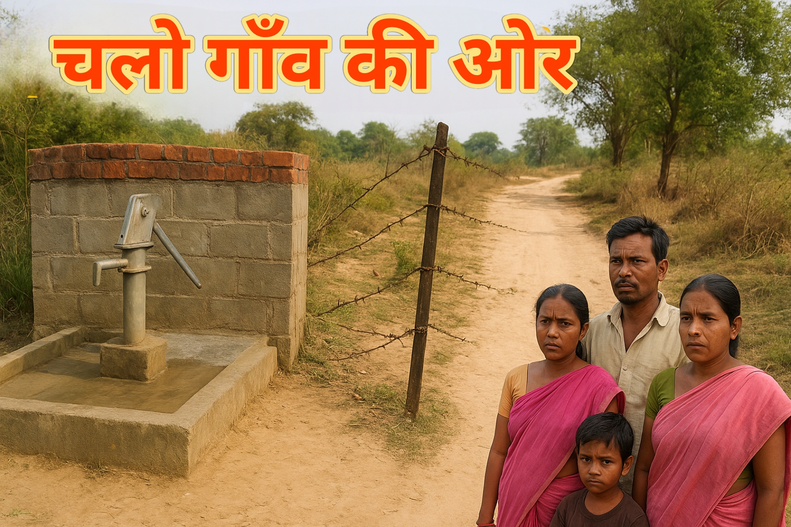 एक ग्रामीण बस्ती में बाउंड्री वॉल के भीतर घिरे सरकारी हैंडपंप और रास्ते पर कंटीली तारों के पास खड़े चिंतित ग्रामीण।