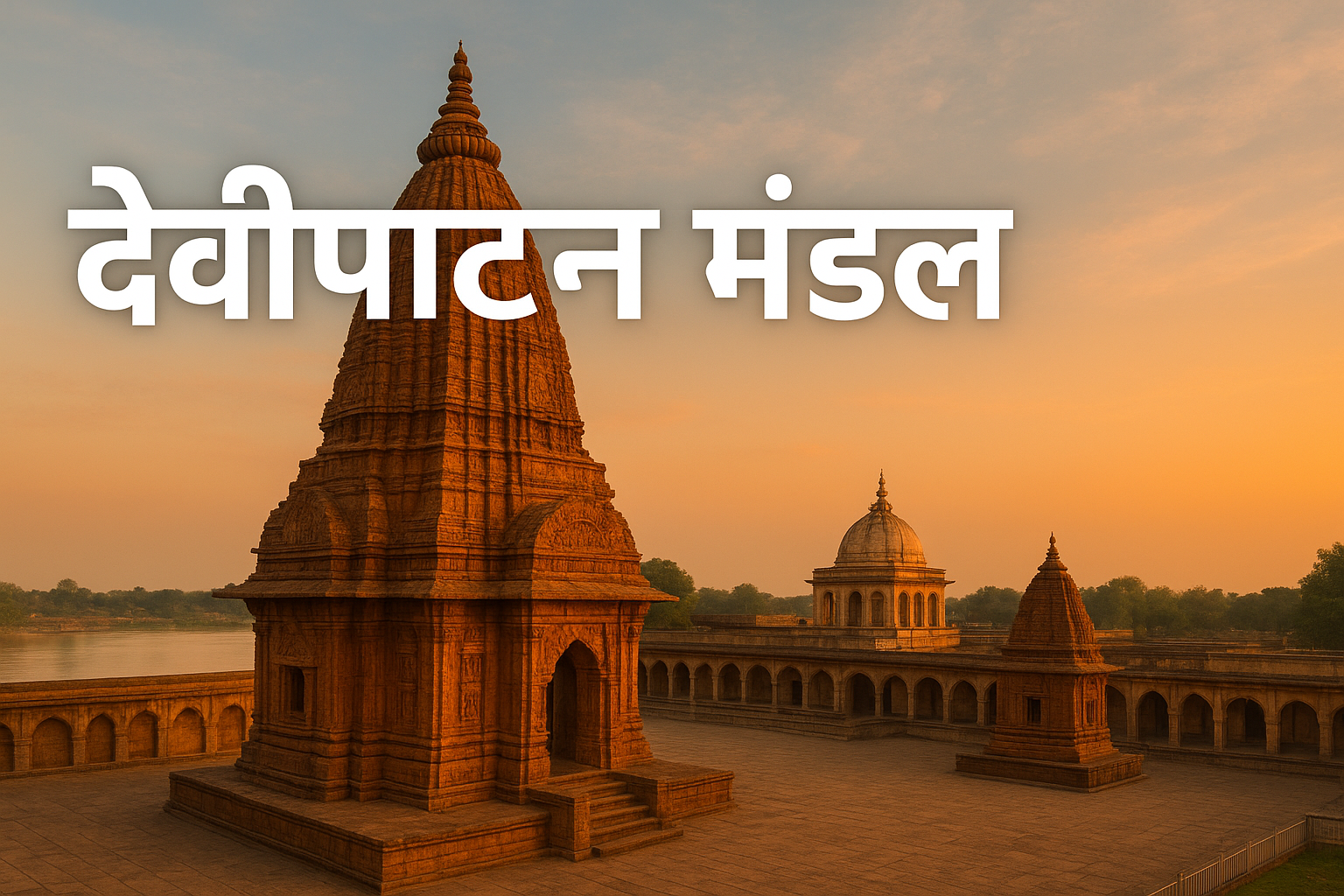देवीपाटन मंदिर का वास्तुशिल्प, पृष्ठभूमि में नदी और डोमयुक्त इमारत के साथ सांझ के समय लिया गया दृश्य