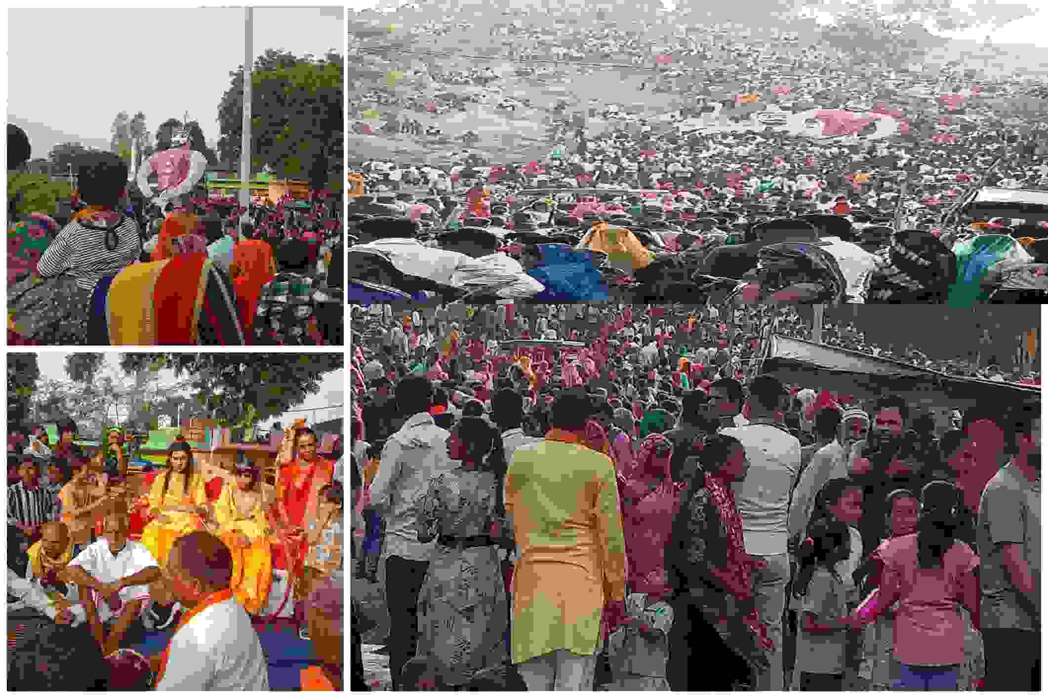 बांदा करतल नदी तट पर विशाल भीड़ के बीच रावण दहन और पारंपरिक रामलीला मंचन, रंग-बिरंगे परिधानों में लोग और मंच पर कलाकार