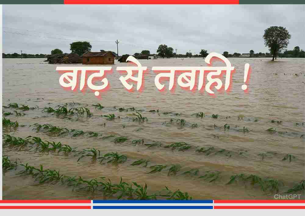 यवतमाल जिले में बाढ़ से डूबे खेत और ग्रामीण घर, जहां पानी में डूबी फसलें दिखाई दे रही हैं।