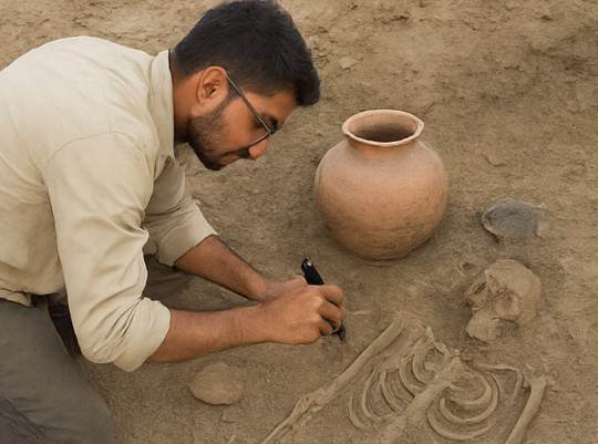 पुरातत्व विभाग का अधिकारी राजस्थान के डीग में 4,500 वर्ष पुरानी सभ्यता की खुदाई करते हुए मिट्टी के बर्तन और मानव कंकाल का निरीक्षण करता हुआ।