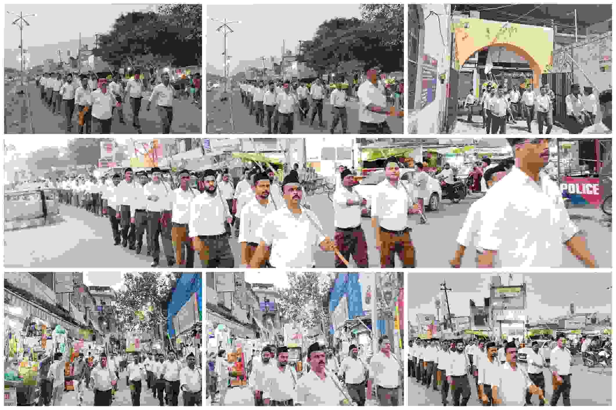 शताब्दी वर्ष पथ संचलन में स्वयंसेवक, संघ ध्वज के साथ नगर शाहाबाद की सड़कों पर अनुशासित पंक्तियों में मार्च करते हुए