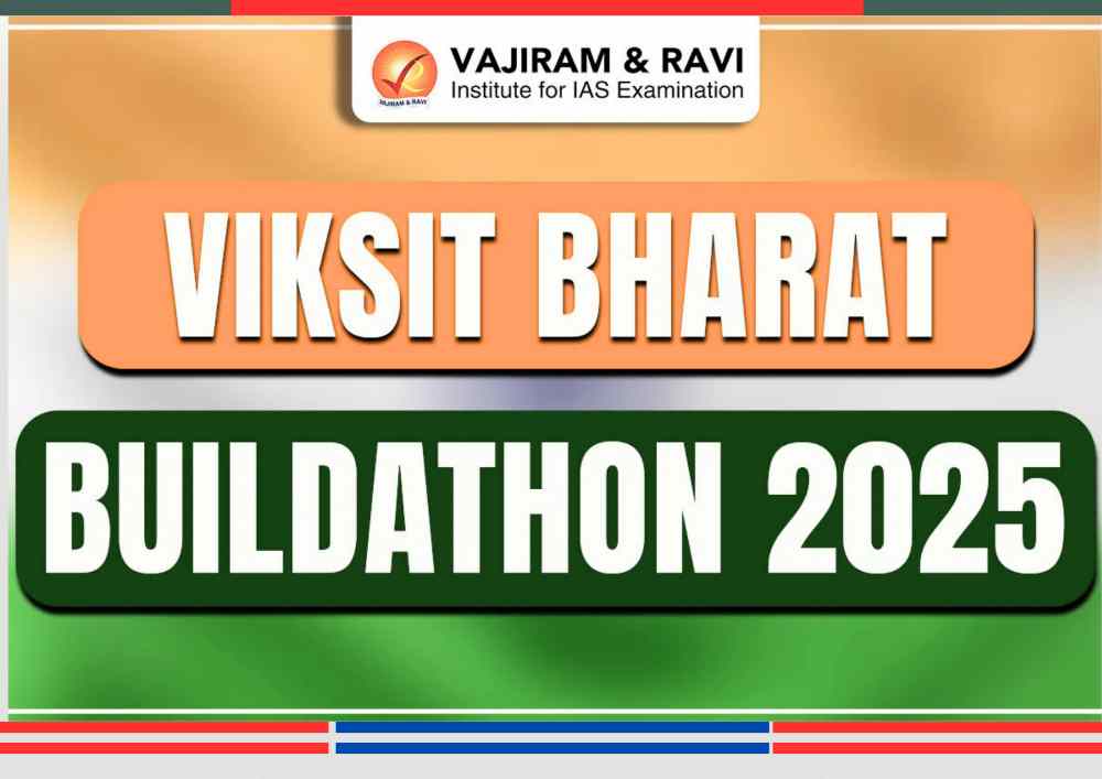 वैजिराम & रवि इंस्टिट्यूट द्वारा आयोजित Viksit Bharat Buildathon 2025 का पोस्टर, जिसमें बड़ी बोल्ड फॉन्ट में "Viksit Bharat" और "Buildathon 2025" लिखा हुआ है।