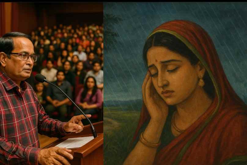 अनिल अनूप मंच से बोलते हुए और बगल में सावन की विरह में डूबी भारतीय स्त्री का चित्र — ठुमरी “गोरिया पाईं नाही सैंया के सवनमा में” की भावनात्मक झलक