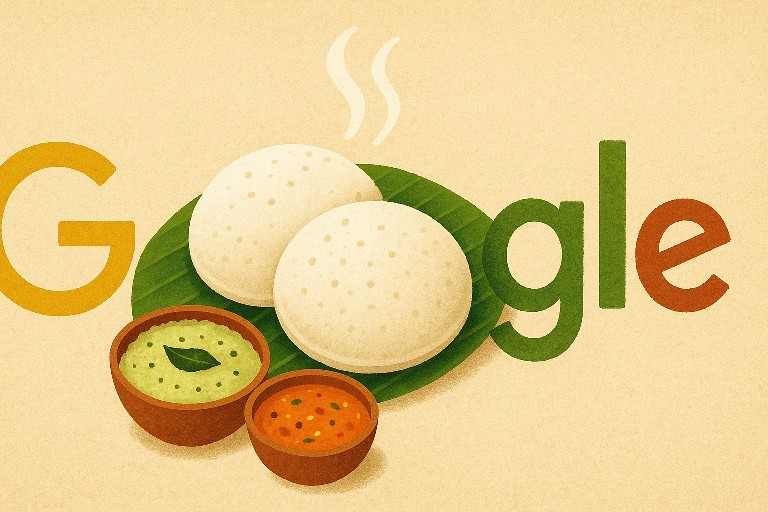 गूगल डूडल में इडली की कलात्मक झलक, केले के पत्ते पर रखी दो इडलियाँ और साथ में नारियल की चटनी व सांभर