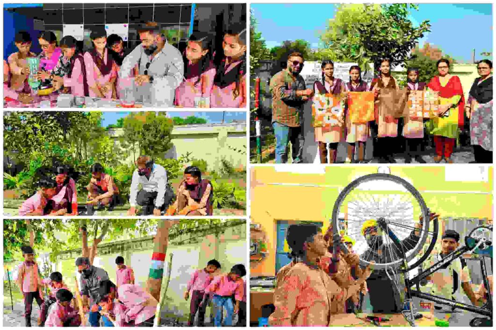 स्कूल के बच्चों और शिक्षकों द्वारा समूह में विज्ञान, प्रोजेक्ट, गार्डनिंग, साइकल रिपेयरिंग और आर्ट जैसे विभिन्न शैक्षिक एवं रचनात्मक गतिविधियां करते हुए फोटो