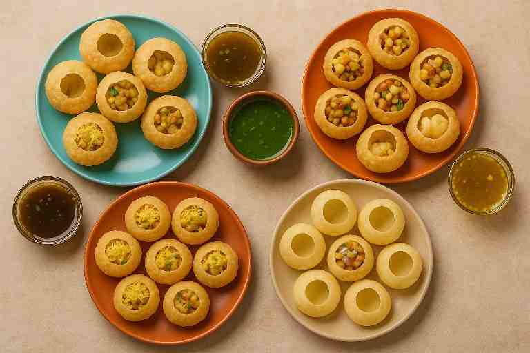 भारत के विभिन्न क्षेत्रों के गोलगप्पे, पानीपूरी और पुचके की विविधता दिखाती रंगीन प्लेट