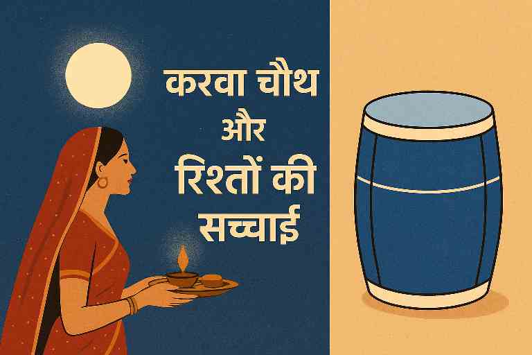 करवा चौथ पर चाँद को निहारती महिला, हाथ में थाली और पृष्ठभूमि में नीला ड्रम — आधुनिक वैवाहिक रिश्तों की सच्चाई और परंपरा का विरोधाभास दर्शाती प्रतीकात्मक छवि।