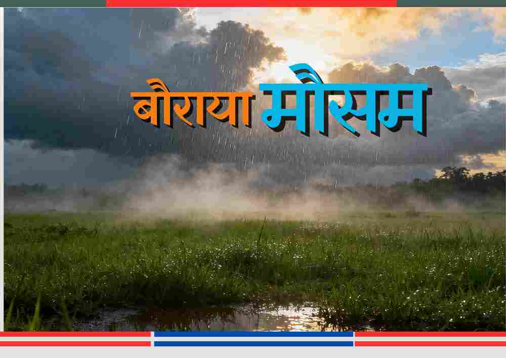 हरे भरे मैदान में बादल, बारिश, तेज़ धूप और हल्की ठंडक की धुंध का संयोजन