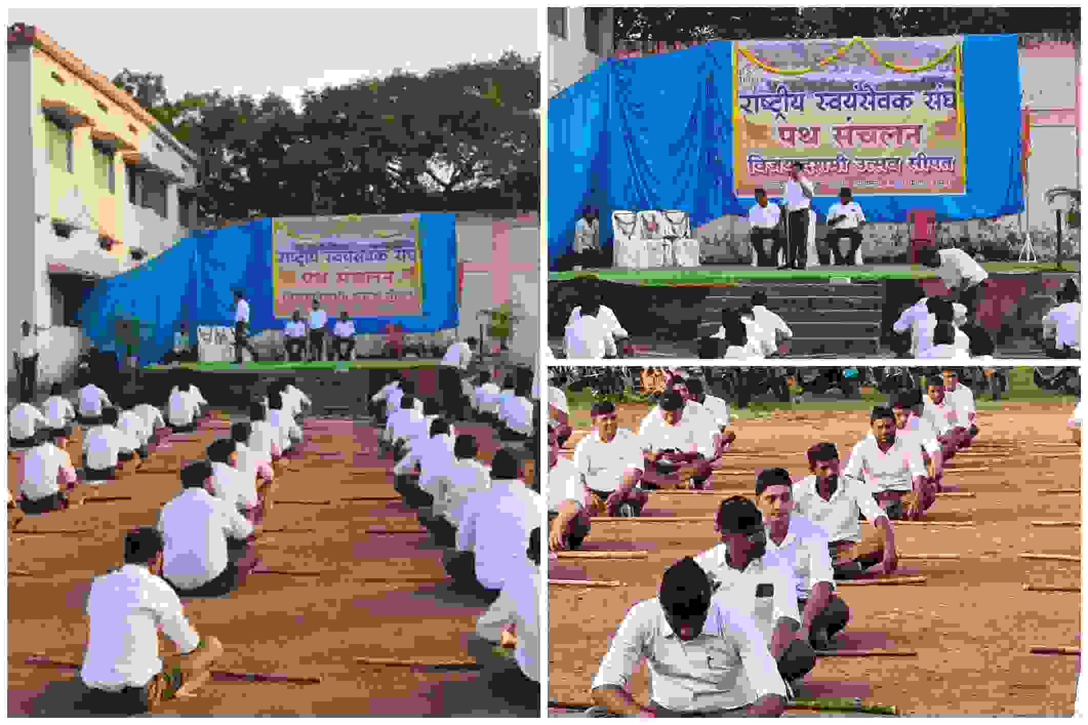 राष्ट्रीय स्वयंसेवक संघ सीपत के विजयादशमी और शताब्दी वर्ष उत्सव कार्यक्रम में पूर्ण गणवेश में बैठे स्वयंसेवक और मंच पर अतिथि वक्ता, विद्यालय प्रांगण में पथ संचलन आयोजन"
