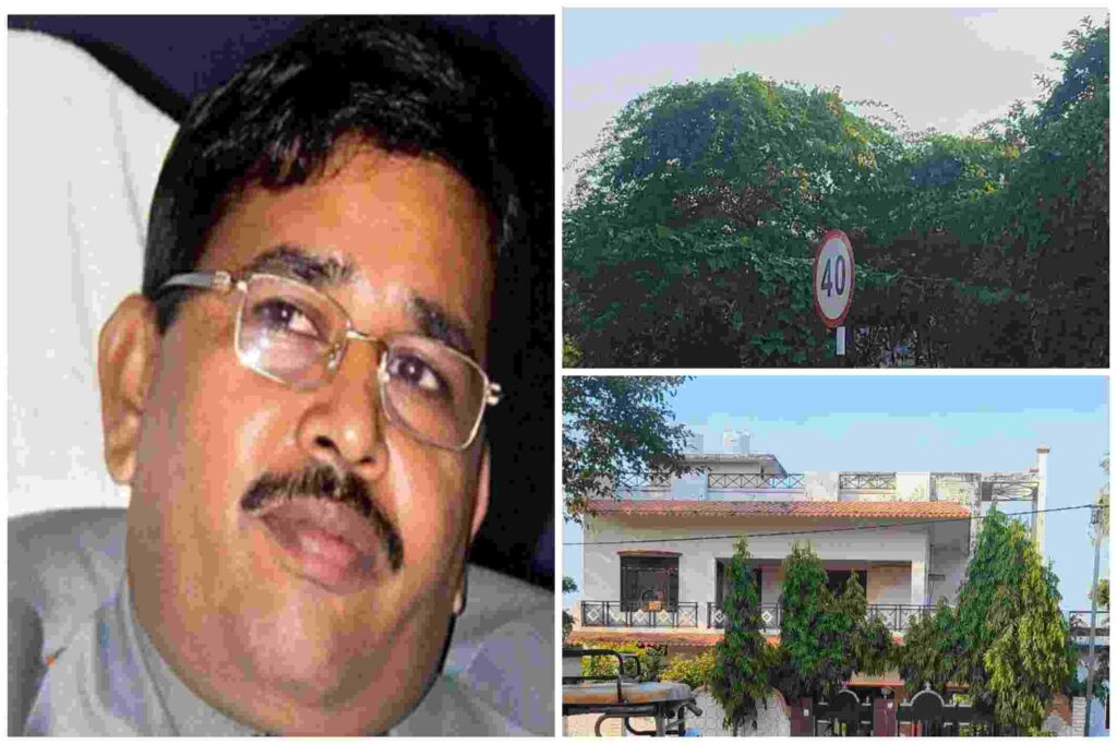पूर्व मंत्री दद्दू प्रसाद और चित्रकूट में स्थित उनके आलीशान आवास की तस्वीर, जो मंत्री का दद्दू चालिसा में भ्रष्टाचार की कहानी को दर्शाती है