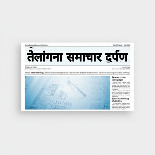 'तेलंगाना समाचार' हिंदी में बड़े अक्षरों में लिखा हुआ, हल्के नीले और सफेद समाचार-पत्र शैली के बैकग्राउंड पर।