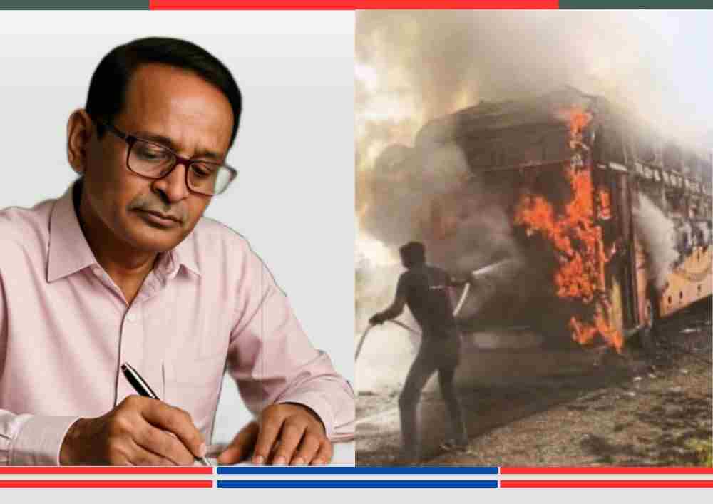 एक व्यक्ति बस में लगी आग को बुझाने का प्रयास कर रहा है, बाएं तरफ एक व्यक्ति कागज पर लिखते हुए नजर आ रहा है