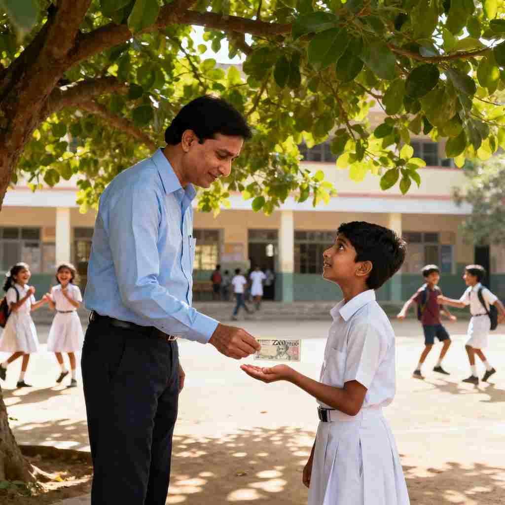 शिक्षक दो हजार रुपये का नोट देते हुए विद्यार्थी को स्नेह और प्रेरणा के साथ, विद्यालय के पृष्ठभूमि में पेड़ों और बच्चों के बीच