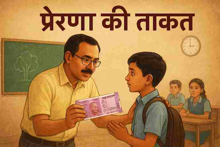 शिक्षक द्वारा छात्र को दो हजार रुपये का नोट देते हुए प्रेरक दृश्य, पृष्ठभूमि में कक्षा का वातावरण और ब्लैकबोर्ड दिखाई दे रहा है।