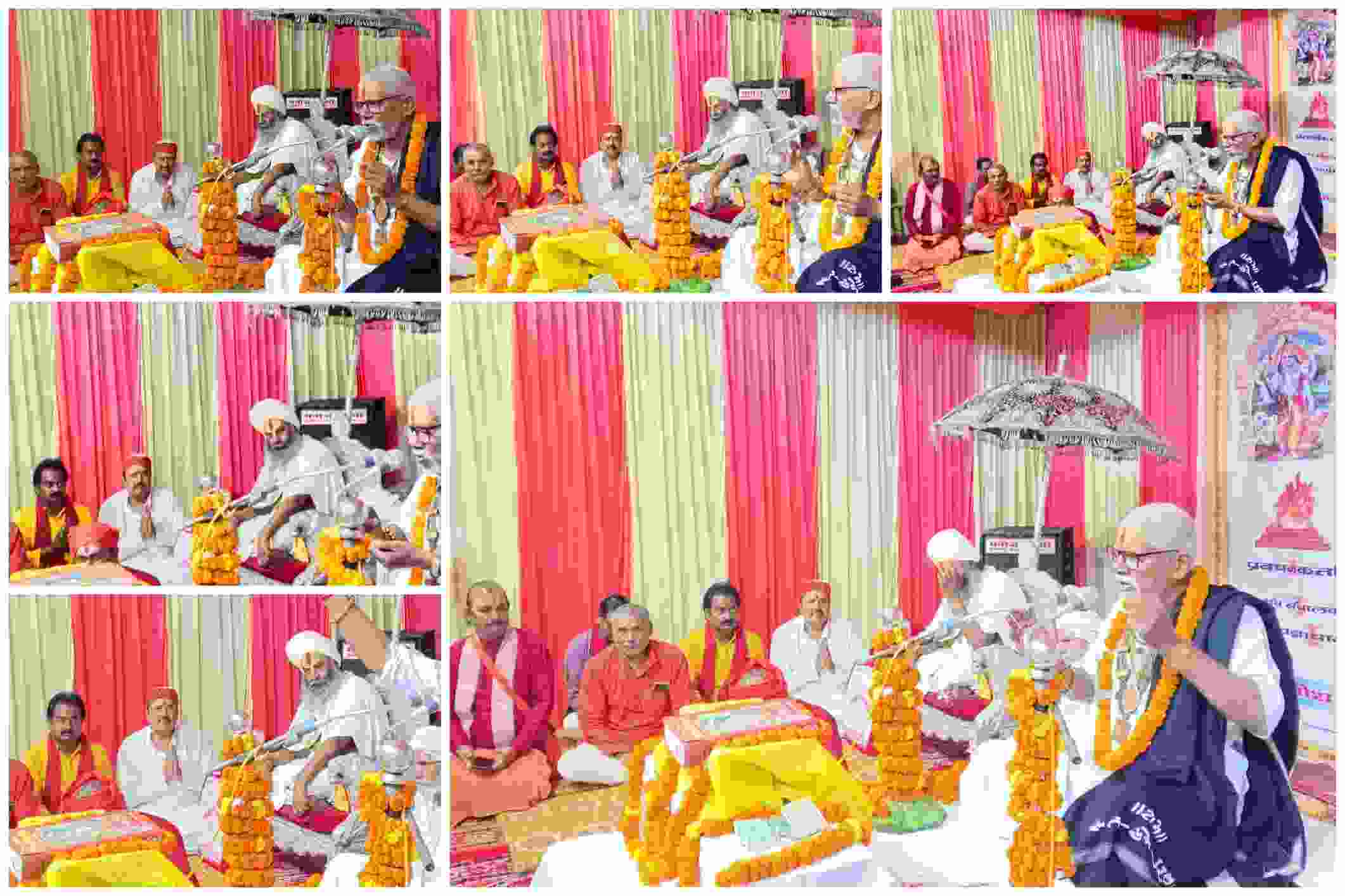"कई पुरुष पारंपरिक वस्त्रों में रंग-बिरंगे पर्दों के सामने पूजा समारोह में भाग लेते हुए, उनमें से एक व्यक्ति माइक पर बोल रहा है और अन्य व्यक्ति यज्ञ क्रिया में सहभागी हैं।"