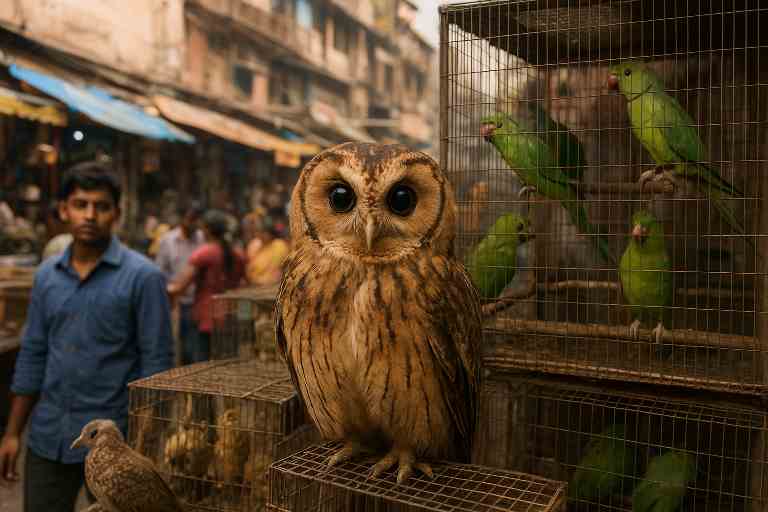 लखनऊ के चौक बाजार में पिंजरों में बंद उल्लू और तोते, दिवाली से पहले अवैध पक्षी व्यापार का दृश्य।