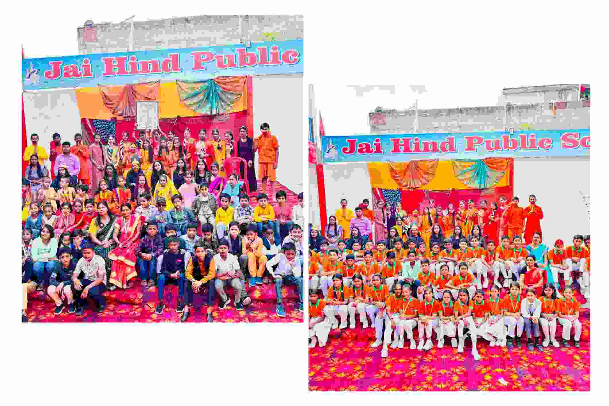 अशरफ नगर स्थित जय हिंद पब्लिक स्कूल के छात्र और शिक्षक दीपावली उत्सव 2025 के अवसर पर समूह फोटो में, छात्र नारंगी शर्ट और सफेद पैंट/स्कर्ट में, शिक्षक पारंपरिक पोशाक में, रंग-बिरंगे मंच और सजावट के सामने खड़े हैं।