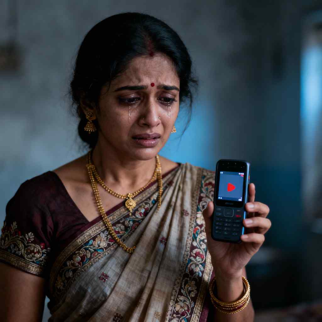 एक दुखी भारतीय महिला पारंपरिक पोशाक में, मोबाइल फोन पर वीडियो रिकॉर्डिंग का प्रतीक दिखाते हुए, गंभीर और भावुक अभिव्यक्ति के साथ