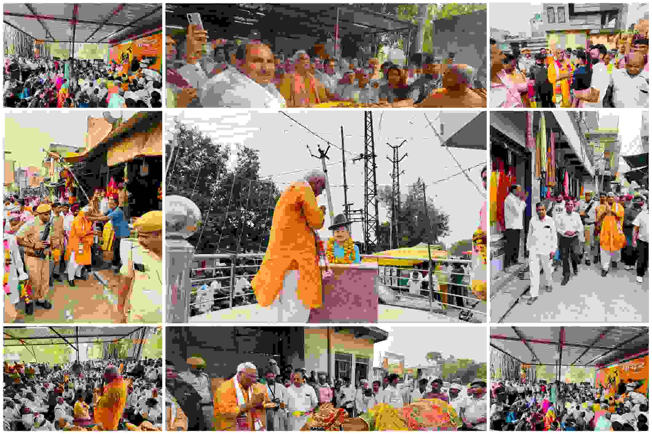 गोवर्धन पूजा पर मंत्री जवाहर सिंह बेढ़म द्वारा नगर के बाजारों, जनसभा व गौशाला में जनता से संवाद और पूजा करते हुए के दृश्य