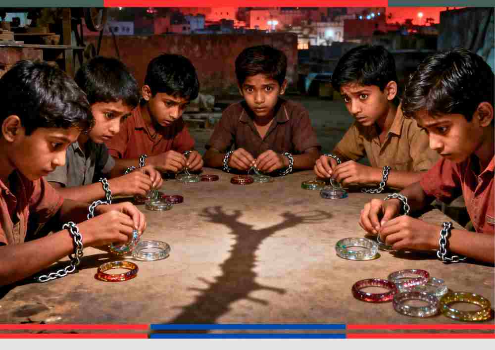 हाथों में जंजीर बांधे मासूम बच्चे जयपुर की एक चूड़ी फैक्ट्री में जबरन मजदूरी करते हुए, रात में शहर की झिलमिल रौशनी के बीच।