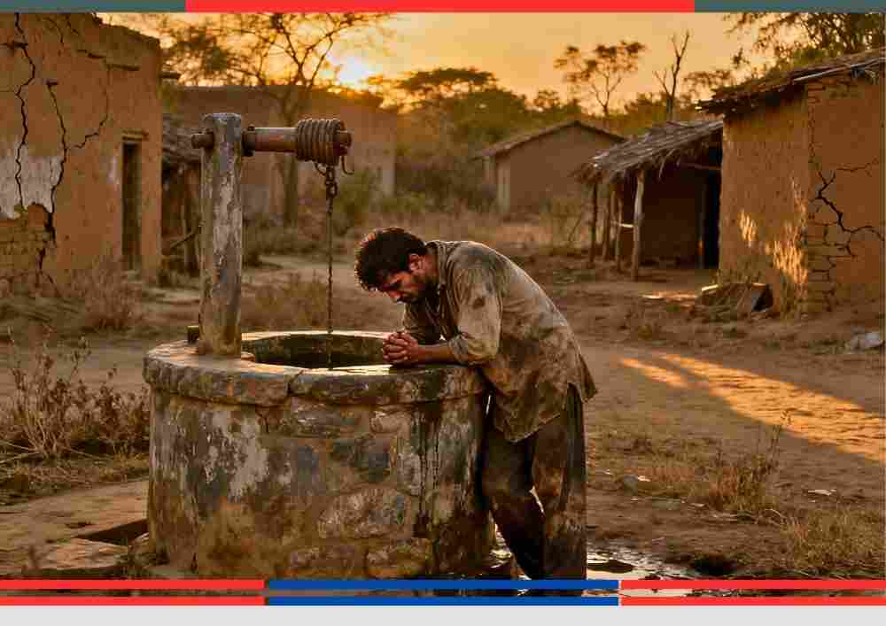 A rural Indian village well at dusk with a distressed man near the well symbolizing tragedy caused by alcohol abuse