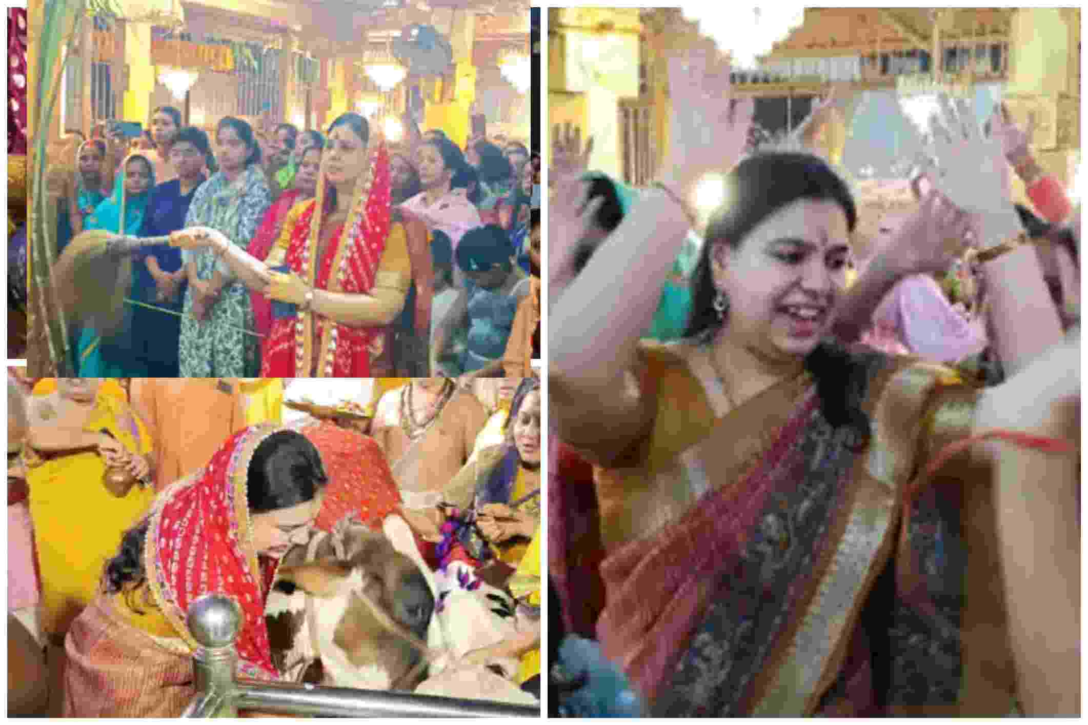 अन्नकूट महोत्सव में तिरुपति बालाजी भक्ति वाटिका में श्रीकृष्ण भजनों पर झूमती हुई देवरिया की डीएम दिव्या मित्तल, भक्तों के साथ नृत्य करती हुईं और गौ पूजन करतीं।