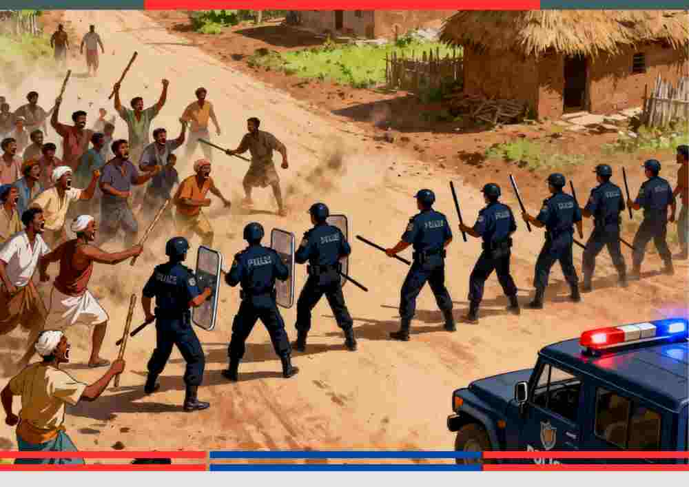 गांव के बीच बवाल के दौरान पुलिस हस्तक्षेप करती हुई और ग्रामीणों की अफरातफरी दर्शाती सांकेतिक तस्वीर।