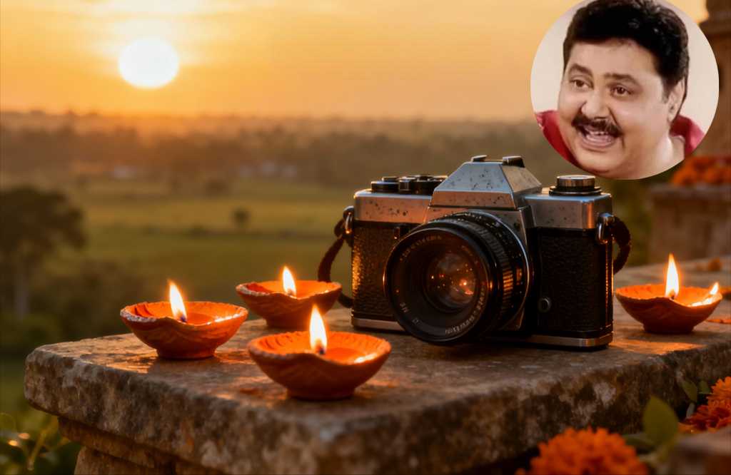 "सूर्यास्त में जलती हुई दिया के पास एक विंटेज कैमरा, साथ में अभिनेता सतीश शाह की स्मृति चित्र"