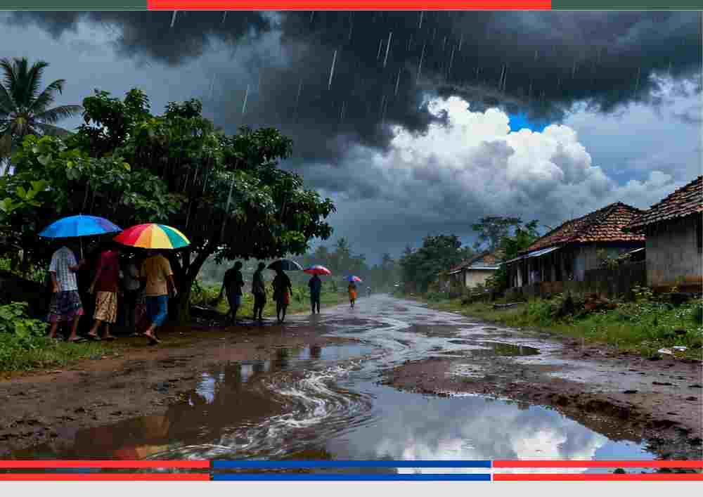 भारतीय ग्रामीण क्षेत्र में साइक्लोन मोंथा के दौरान भारी बारिश, काले बादल, कीचड़ भरी सड़क, और छाता लिए लोग