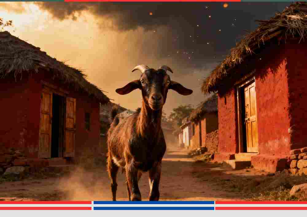 बलिया के एक गांव में कच्चे मकानों के बीच चलते हुए सुगिया की बकरी, पृष्ठभूमि में गहरा आसमान और ग्रामीण जीवन