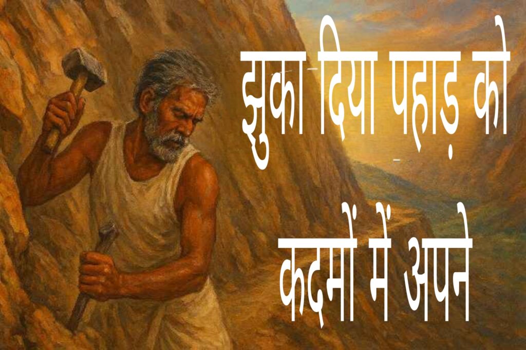 दशरथ मांझी हथौड़ी और छैनी से गहलौर पहाड़ी को काटते हुए; सुनहरी सांझ की रोशनी में उनके दृढ़ हाव-भाव और बनती सड़क का पास का दृश्य