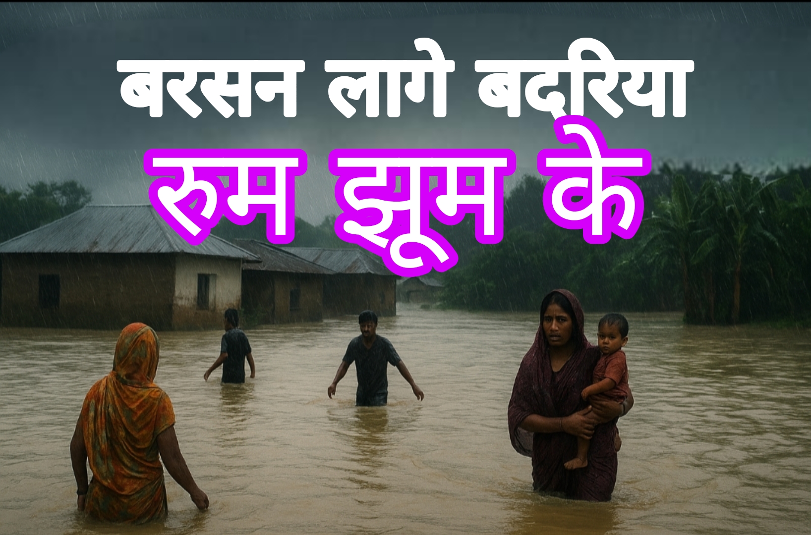 गांव में भारी बारिश के दौरान लोग कमर-भर पानी में फंसे हुए, एक महिला बच्चे को गोद में लिए हुए दिख रही है, पीछे मिट्टी के घर और घने पेड़ हैं।