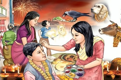 नेपाल में तिहार पर्व के दौरान बहन भाई को टीका लगाती हुई, पृष्ठभूमि में कुत्ता, गाय और कौवा पूजा के दृश्य