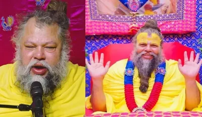 वृंदावन के संत प्रेमानंद महाराज पीले वस्त्र में प्रवचन देते और भक्तों को आशीर्वाद देते हुए