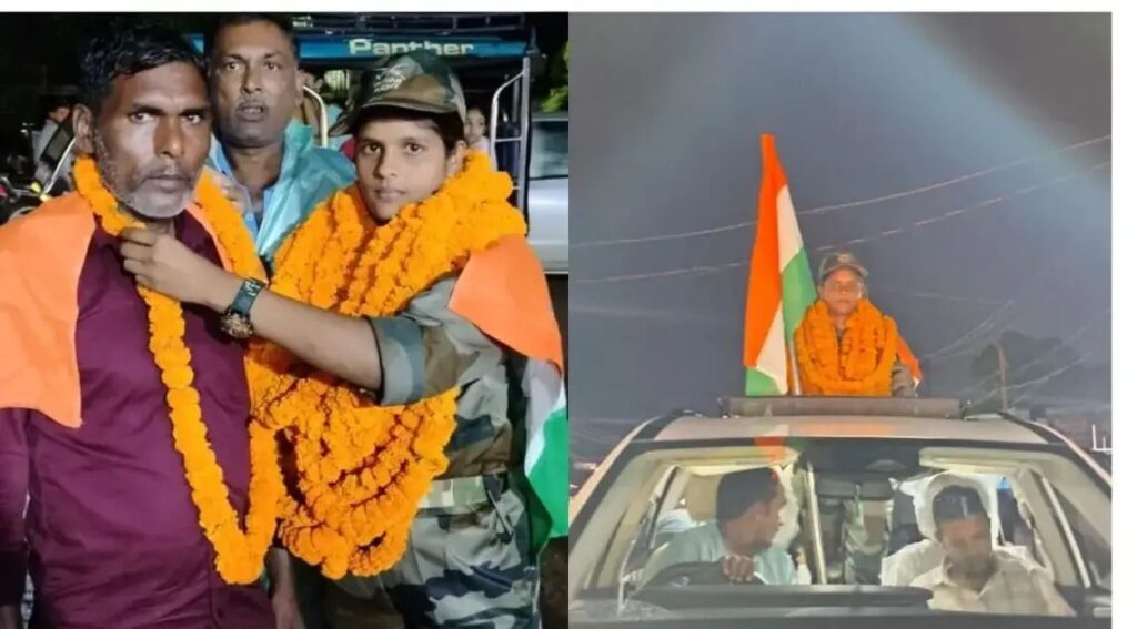 नगमा सेना भर्ती ठगी मामला – सेना की वर्दी में नगमा पिता को माला पहनाते हुए और गाड़ी में तिरंगा लहराते हुए