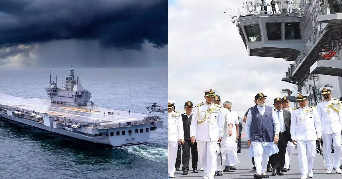 समुद्र में तैनात भारतीय विमानवाहक पोत और उसके साथ चल रहे अधिकारी व गणमान्य व्यक्ति।